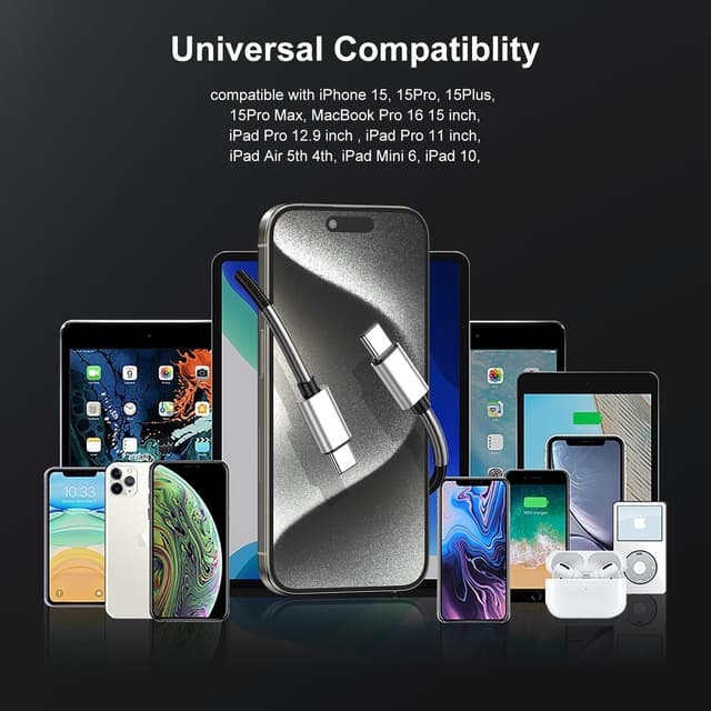 Detalle de Jeenek Long USB-C to USB-C Charger Cable (10ft) — 60W Fast Charging Cord