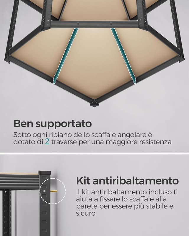 Detalle de SONGMICS GLR080B01 Scaffale angolare a 5 ripiani in acciaio, carichi fino a 875 kg (nero inchiostro e beige)