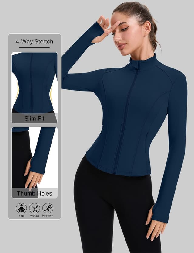 Detalle de IECCP Damen Sportjacke Langarm Laufjacke mit Reißverschluss und Daumenloch – Funktionsshirt für Gym, Yoga & Training