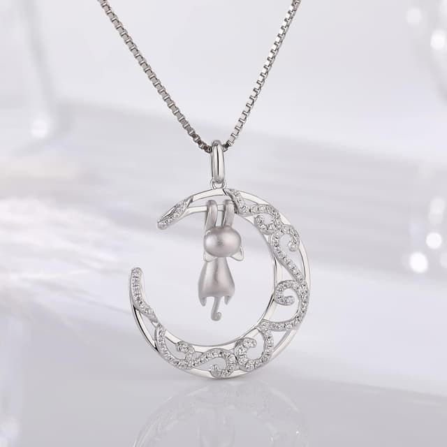 Detalle 2 de jiamiaoi Katzen Halskette mit Anhänger (925 Silber) und Mondmotiv