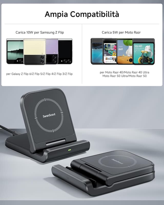Detalle 2 de Caricatore wireless pieghevole SwanScout 501S per Galaxy Z Flip