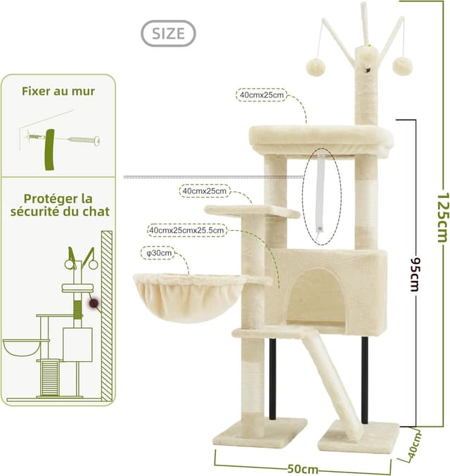 Thumbnail 6 de Arbre à chat d’intérieur Gitelsnour GCT006SM beige : tour de jeux avec griffoirs, hamac et plateforme amovible