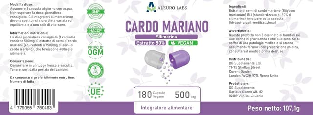 Detalle 2 de ALZURO LABS Chardon-Marie 80% silymarine (6 000 mg) – Extrait 15:1, 180 gélules végétales