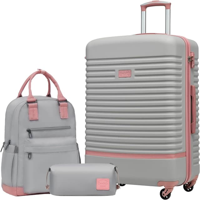 Detalle de COOLIFE Koffer-Trolley Set 3-teilig (ABS Hartschale, TSA-Schloss, 4 Rollen) inkl. Reiserucksack & Kulturbeutel – Grau/Rosa