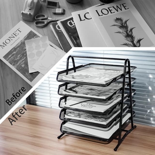 Detalle 2 de HIHOBDAY 5-Tier Sliding Paper Organiser (Mesh Letter Tray) for A4 Desk Storage