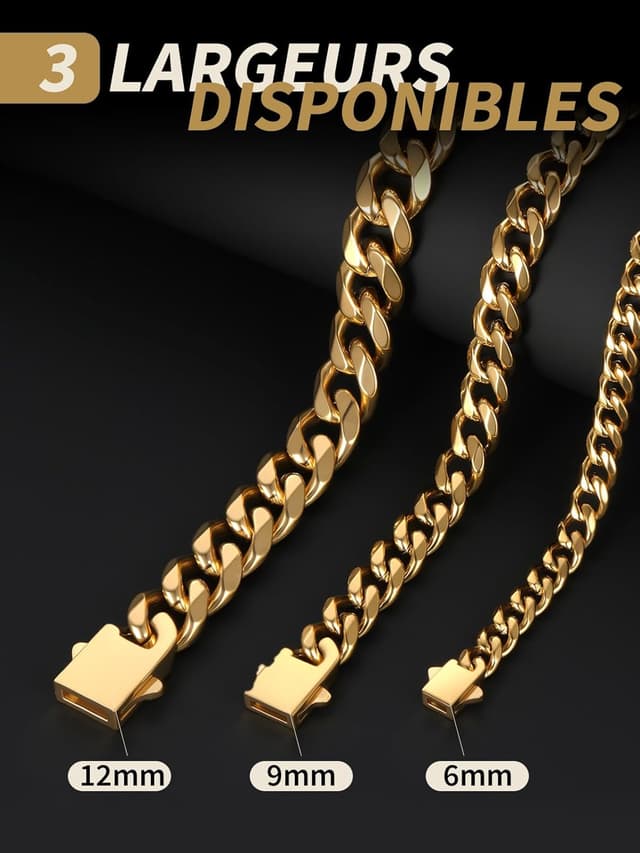 Detalle de Collier chaîne homme FindChic en acier inoxydable 316L, maille gourmette cubaine (6/9 mm) – longueurs 46 à 76 cm