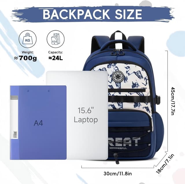 Detalle 2 de Amythe zaino scuola media e elementare bambino traspirante impermeabile per 15.6" laptop, 24L blu