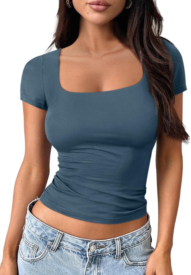 Detalle de Trendy Queen Double Lined Square Neck Short Sleeve Crop T-Shirts for Women