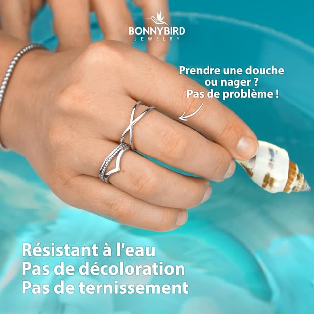 Detalle de Lot de bagues femme BONNYBIRD en acier inoxydable 316L — set argent résistant à l’eau