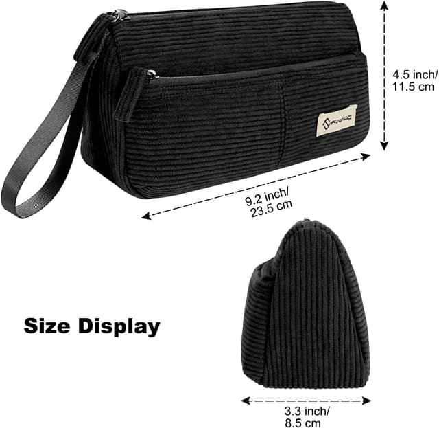 Detalle de FINPAC trousse scolaire en velours côtelé (24 x 7 x 13,5 cm) avec poche zippée et dragonne — noir