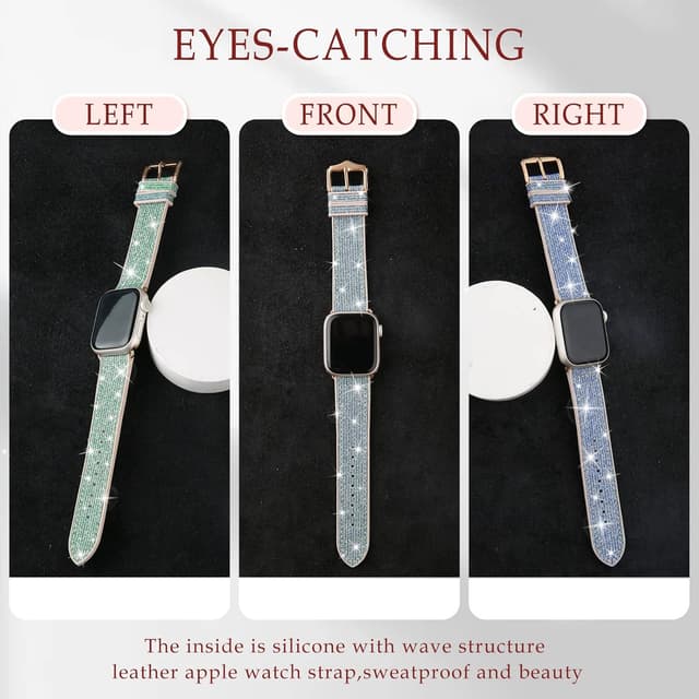 Detalle de Tuocal Bling silicone sport strap for Apple Watch (38mm–42mm, Series 1–10, SE) in glitter colours