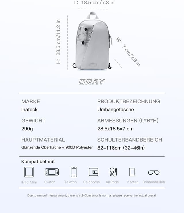 Detalle de Inateck Sling Bag X-Row – leichte Herren-Umhängetasche mit spritzwassergeschütztem Material für Wandern & Reisen
