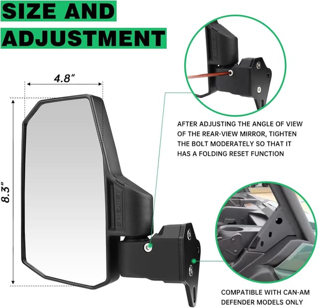 Detalle de SHEJISI Defender Side Mirrors with spring-back fold feature for Can-Am Defender HD10/HD9/HD8/HD7/HD5