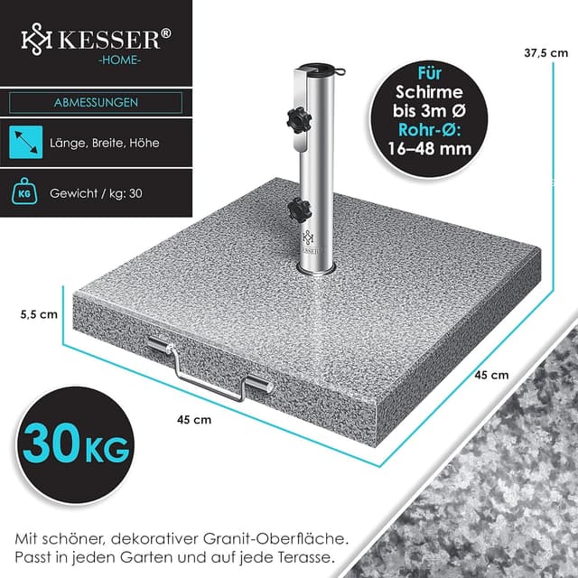 Thumbnail 6 de KESSER Granit-Sonnenschirmständer mit Edelstahlrohr – quadratischer Sockel (30 kg) für Schirmstöcke 16–48 mm, inkl. Transportgriff, grau