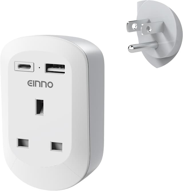 Detalle de EINNO UK to US Plug Adaptor 3-in-1 with USB-C & USB-A (Type B) for US, Canada, Mexico and more