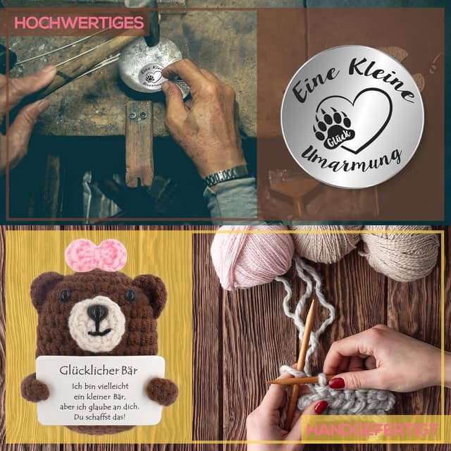 Detalle de Tixlux Pocket Hug Glücklicher Bär – handgenähte Strick-Dekofigur mit Bärentatzen-Glücksbringer (Grau/Rosa)