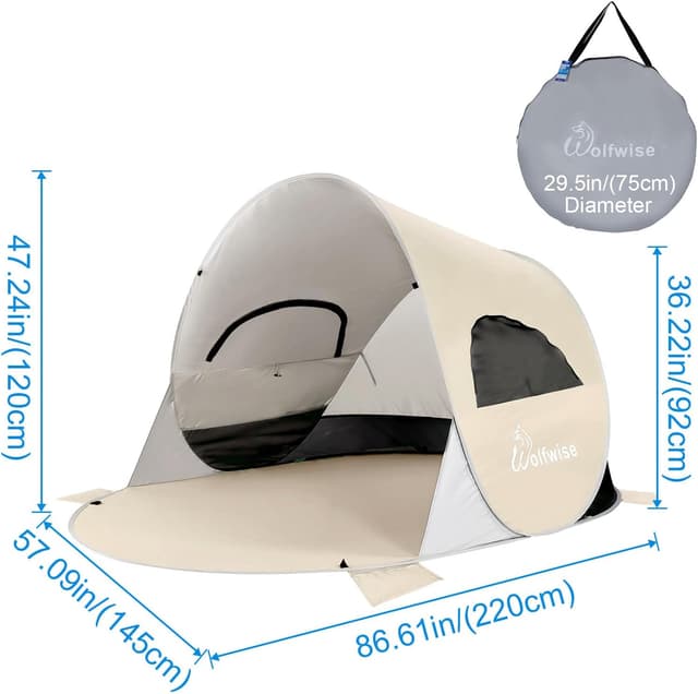 Detalle 2 de Wolfwise Tenda pop-up istantanea per 3-4 persone con UPF 50+ beige, riparo portatile per spiaggia e trekking