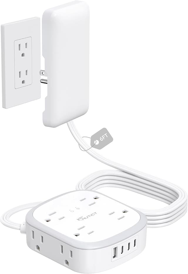 Detalle de NUTICT Outlet Cover Extension Cord Flat 6ft with 8 Outlets and 3 USB-C + 1 USB-A Surge Protection (White)