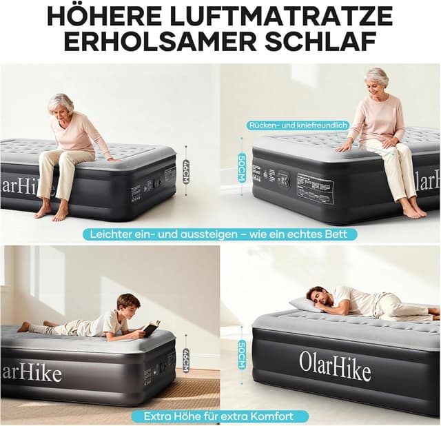 Detalle 2 de OlarHike Luftbett 1 Person 90 x 200 x 50 cm mit integrierter Pumpe – Gästematratze für Camping & Zuhause