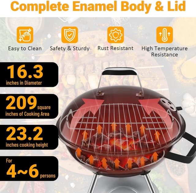 Detalle de kisidus Kugelgrill Holzkohlegrill mit porzellanemailliertem Deckel, Dreibein & Rädern (51 x 46,5 x 78 cm)