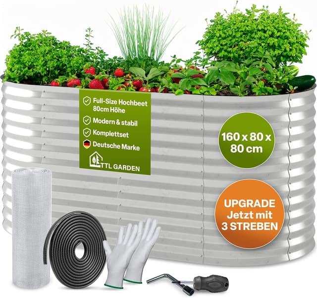 Detalle de TTL GARDEN Spirit M Metall-Hochbeet 160 x 80 x 80 cm (oval), verzinkter Stahl, silber