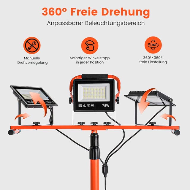 Detalle de ETOOLAB LED-Baustrahler mit Stativ, 30.000 lm (3×75 W), 98–200 cm höhenverstellbar, IP66