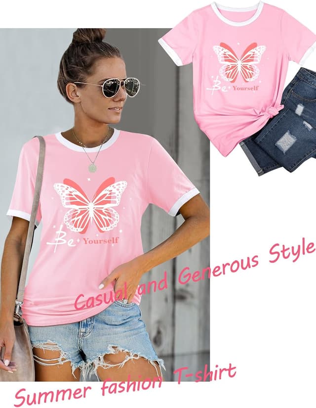 Detalle 2 de WIEIYM women’s butterfly slogan T-shirt (Be Yourself) – soft cotton blend graphic tee