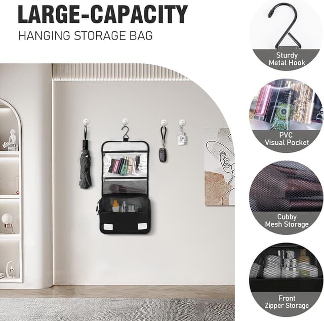 Detalle de Hängender Kulturbeutel mit Haken (schwarz) – Kulturbeutel zum Aufhängen, 25 x 20 x 9 cm, 4 Fächer