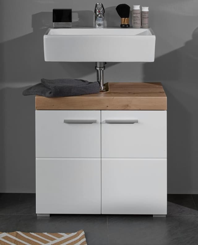 Detalle 2 de trendteam smart living „Amanda“ Waschbeckenunterschrank in Weiß/Weiß Hochglanz mit Asteiche-Optik, 60 x 56 x 34 cm