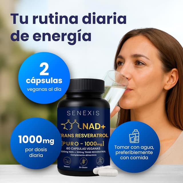 Detalle 2 de SENEXIS Nad Resveratrol Puro 1000 mg (60 cápsulas veganas): apoyo de energía celular y cognición