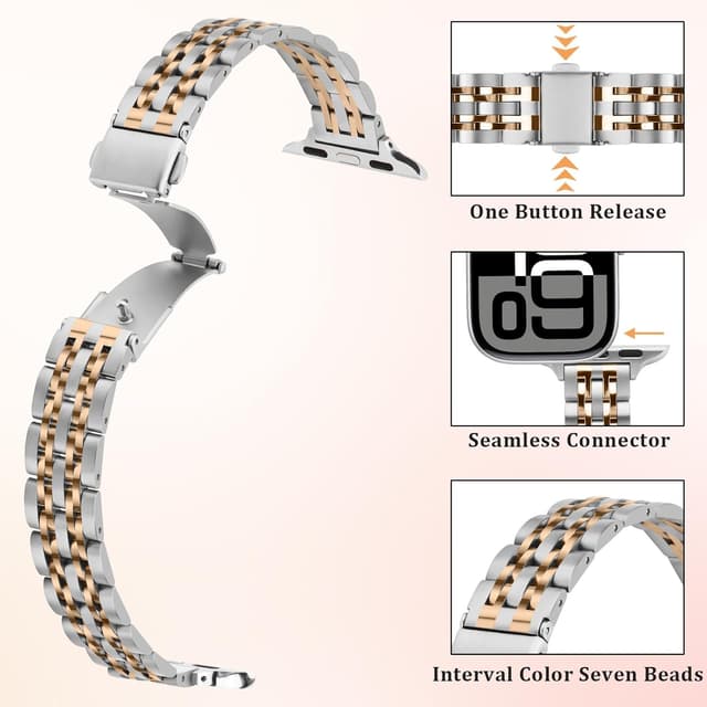 Detalle 2 de Anlinser slim metal strap for Apple Watch (49/46/45/44/42/41/40/38mm) – Silver Rose Gold