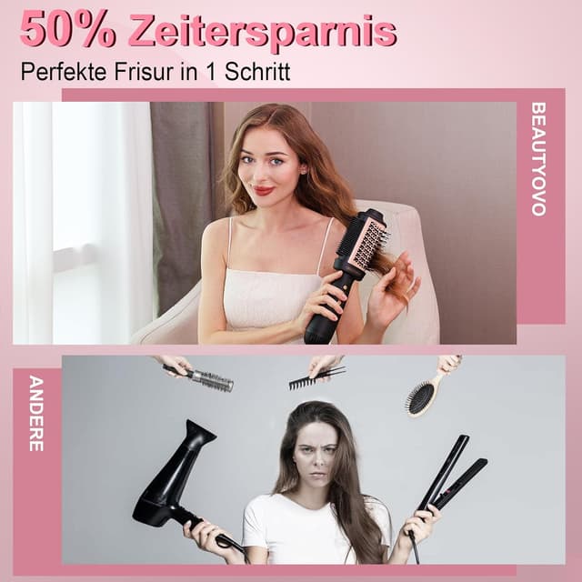 Detalle de BEAUTYOVO 3-in-1 Warmluftbürste (37–200 °C) mit Glättbürste & Ionen, 3 Modi – Schwarz & Champagner