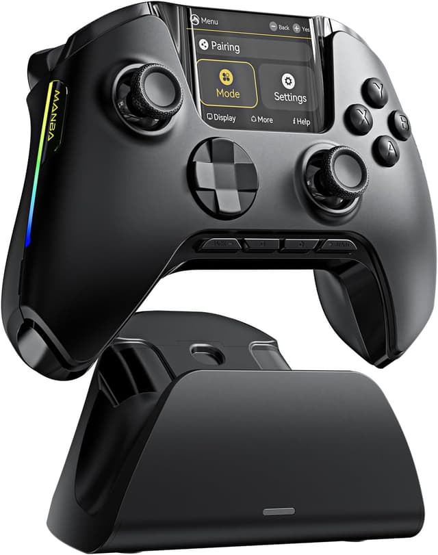 Detalle de FIEHDUW NO DRIFT ManbaOne — manette interactive à écran, joysticks à effet Hall et station de charge pour PC/Switch/iOS/Android