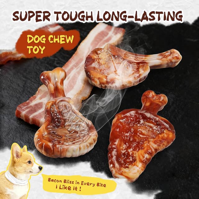 Thumbnail 6 de GASAPET Hrad Nylon Steak Dog Chew Toys (3-Pack) for Aggressive Chewers – Bacon Flavoured Teething & Play