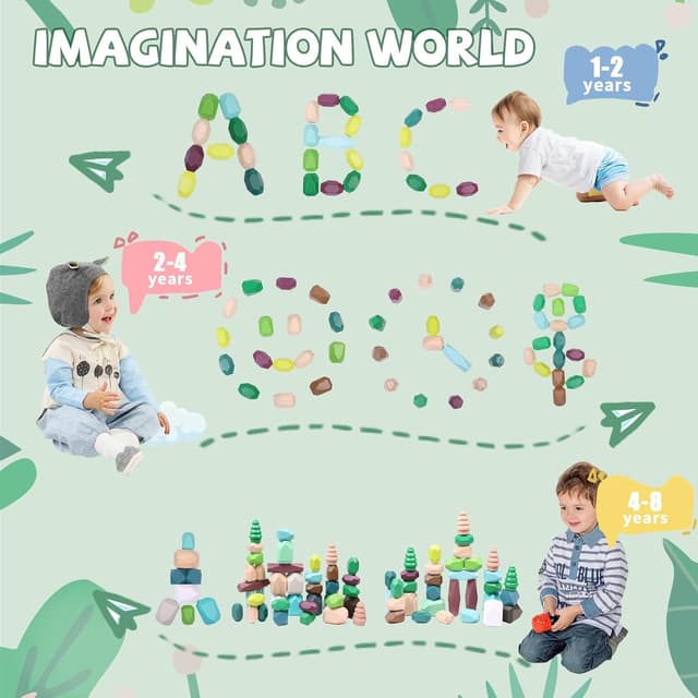 Detalle de YHHYTOY 40-Piece Wooden Stacking Rocks Building Blocks (Forest Theme) for Montessori Learning