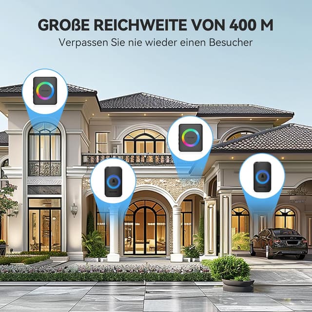 Detalle de TECKNET Funkklingel Set (IP65, 400 m Reichweite) mit 2 Sendern & 2 Empfängern, RGB-Blitz und 60 Melodien