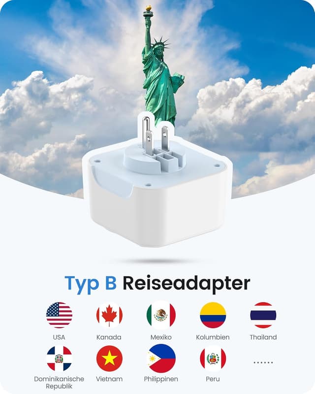 Detalle 2 de LENCENT Reisestecker USA–DE mit 2x USB‑C, 2x USB‑A 🔌