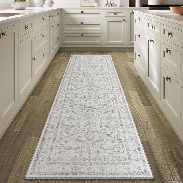 Detalle de PureCozy Vintage Grauer Teppich Flur Läufer 60x240 cm – waschbarer Kurzflor mit rutschfester TPR-Gummiunterlage