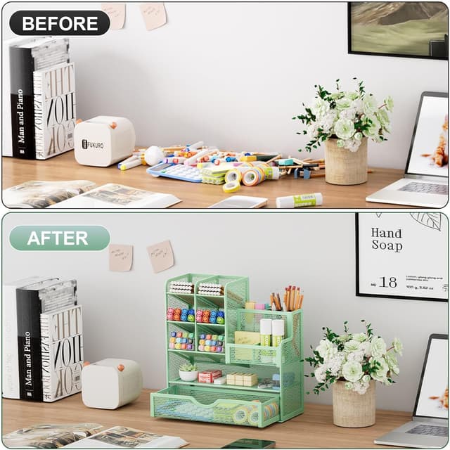 Detalle 2 de Marbrasse Netz Schreibtisch-Organizer mit Schublade (grün) – Stiftehalter & Aufbewahrung für Büro, Schule und Zuhause