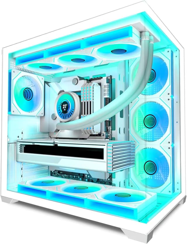 Detalle de ANSAITE Case PC ATX H9 bianco: vetro temperato, 7 ventole PWM ARGB e supporto radiatore RAD 360 mm