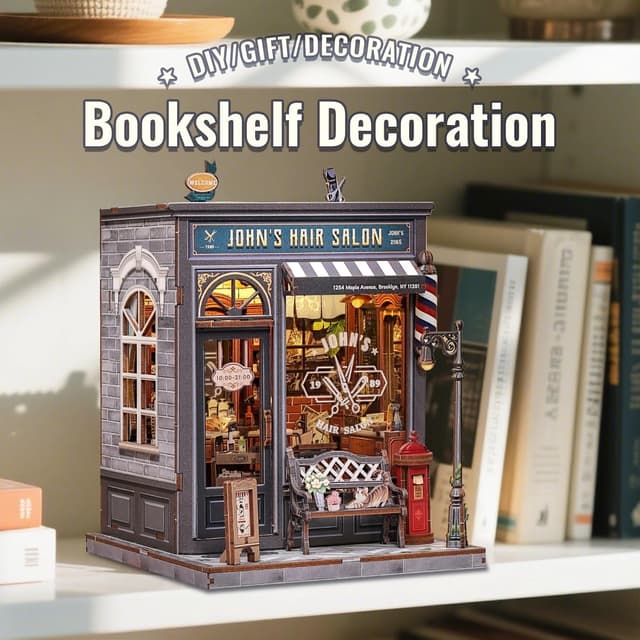 Detalle de CUTEBEE Book Nook Kit „John's Hair Salon“ – Miniatur-Puppenhaus mit LED-Beleuchtung & 3D-Holz-Puzzle