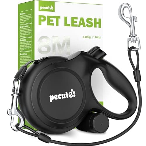 Detalle de Pecute correa extensible para perro de 8 metros (15-50 kg), con cuerda antimordida de 46 cm y sistema 360° anti-enredos