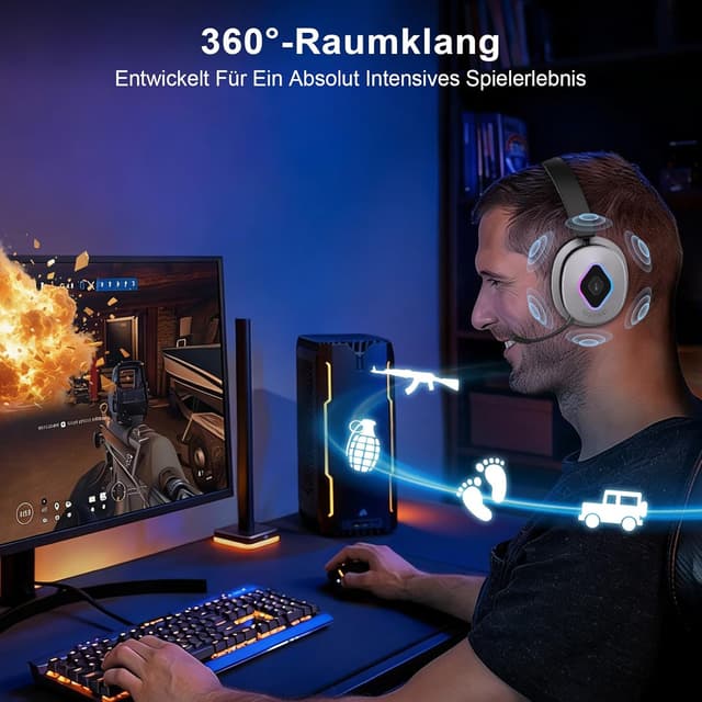 Detalle 2 de Earbay 2,4-GHz Wireless Gaming Headset für PS5/PS4, Switch & mehr – inkl. Bluetooth 6.0, 40 Std. Akku