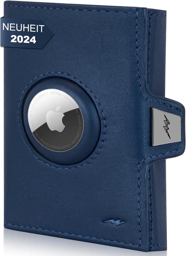 Detalle de Marc Peter Jupiter AirTag Echtleder-Geldbörse mit XL-Münzfach (für bis zu 11 Karten) – RFID-Schutz, blau