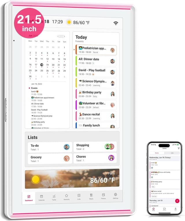 Detalle de BIGASUO 21.5" Digital Calendar with Full HD Touchscreen, Smart Family Planner & LED Reminder Light