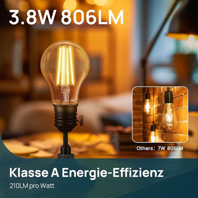 Detalle de Linkind Klasse-A E27 Vintage LED Filament A60, 3,8W (60W), 2700K, 806 lm – 6er-Set