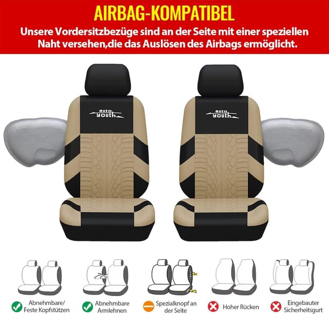 Detalle 2 de AUTOYOUTH Universal Autositzbezüge Komplettset (Beige) – mit Reifenschienen & universellem Sitzschoner-Set