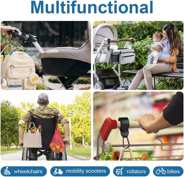 Thumbnail 6 de URAQT Crochet de poussette – lot de 3 ganchos universels avec mousqueton et attache pour sacs