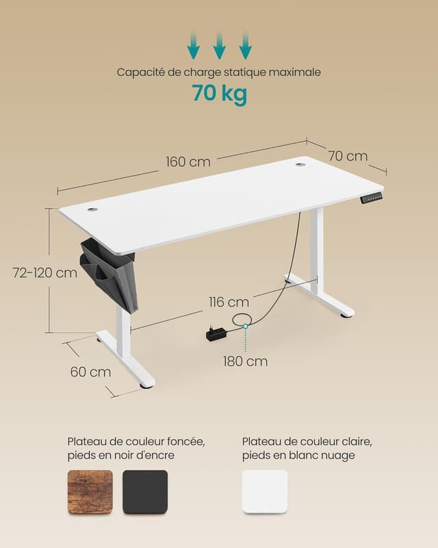 Detalle 2 de SONGMICS Bureau Électrique Réglable en Hauteur LSD026W02
