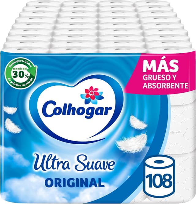 Detalle de Colhogar Ultra Doux Original x108 – Papier toilette blanc à 2 couches, sans parfum (108 rouleaux)
